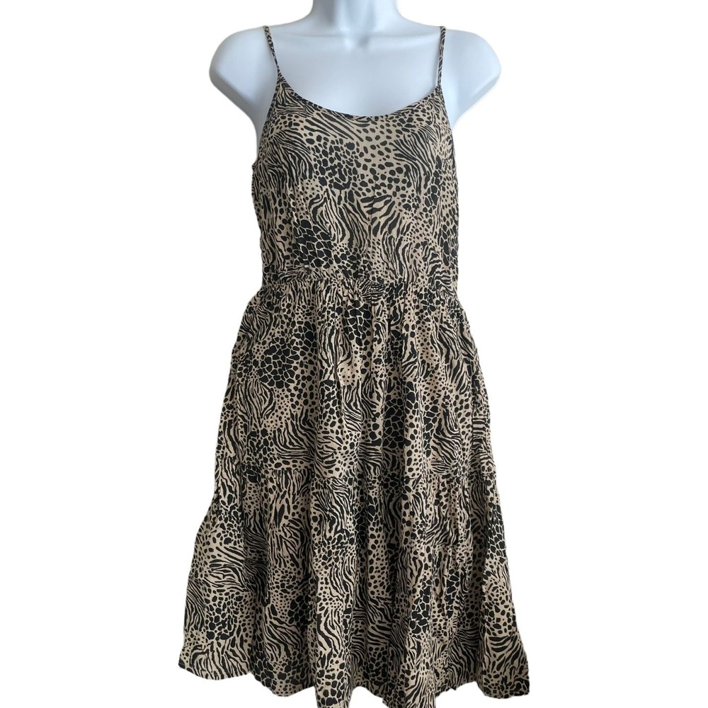 Vero‎ Moda Womens Sundress XS Animal Print Smocked Tiered Mini Y2K Festival